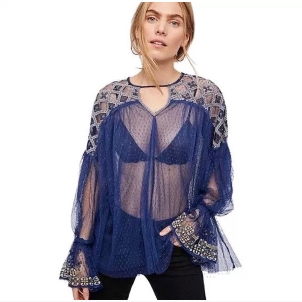 Free People Joyride Sheer Embroidered Top XS